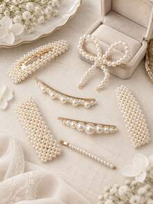 7pcs/Set Minimalist Elegant Pearl Hair Clips Set Duck Mouth Bangs Clips Women's Daily Party Wedding Holiday Gift Decorative Hair Accessories - Multicolor - View 4