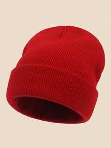 1pc Unisex Outdoor Warm Solid Color Beanie Hat, Suitable For Daily Wear - Red - View 1