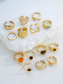 14pcs Fashionable Minimalist Elegant Exquisite Vintage Design Colorful Faux Tiger Eye Gemstone Shiny Starburst Geometric Ribbon Line Texture Asymmetrical Pleated Smooth Surface Minimalist Plain Metal Style Chunky Rings Multi-Piece Set Stackable Holiday Vacation Party Date Gift Daily Wear Personalized - Yellow Gold - View 3