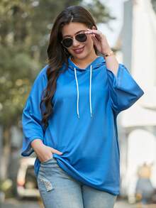 Women's Plus Size Patchwork Contrast Stitching 3/4 Sleeve Drawstring Hooded Sweatshirt, Casual Home Wear, Autumn Essential Top - Blue - View 3