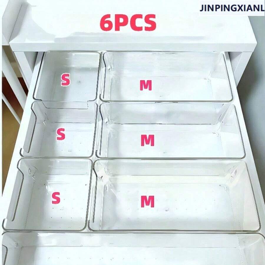 Cajas organizadoras de cajón de acrílico, juego de 6/7 piezas con compartimentos divididos para almacenamiento de maquillaje, ideal para ordenar el desorden del escritorio, suministros de oficina y cosméticos en cajón, perfecto regalo de inauguración de casa - Versión mejorada [3S+3M] - Ver 1