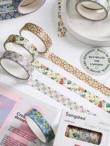 5 Rolls/Box, Vintage Botanical Floral Patterned Washi Tape, Creative Masking Tape For Scrapbooking, Journaling, Collage Decoration, And Gift Box Wrapping - Sets - View 7