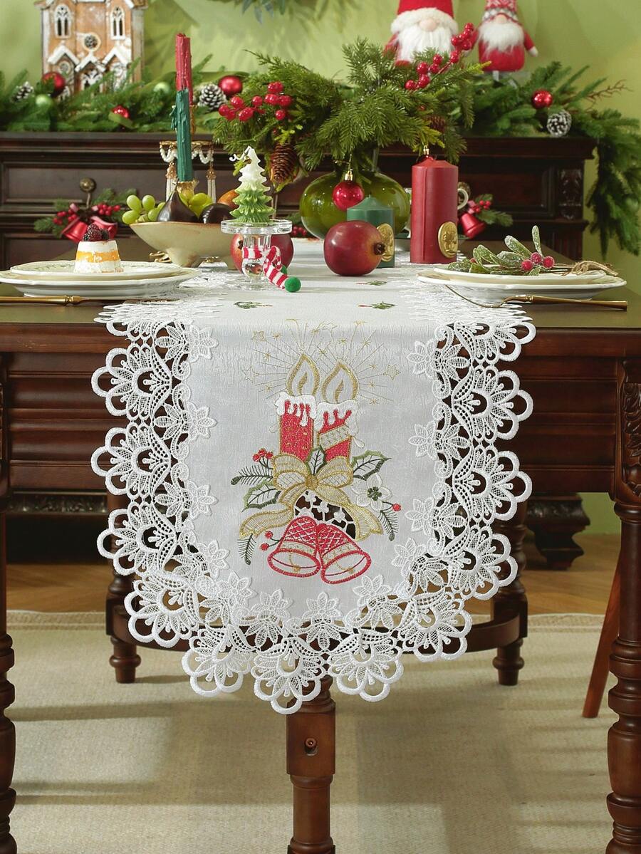 1pc 100% Polyester Christmas Table Runner With Lace Trim, Embroidered Red Candle, Bell And Holly Leaf Pattern, White Holiday Dining Table Decor, Suitable For Winter Party Home Decoration - White - View 1