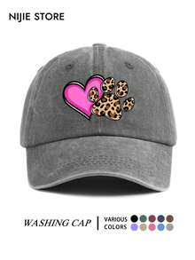 American Cute Pet Style Curved Brim Baseball Cap, Heart & Leopard Print Cat Dog Paw Pattern Washed Cotton Adjustable Outdoor Duck Bill Hat - A - View 6