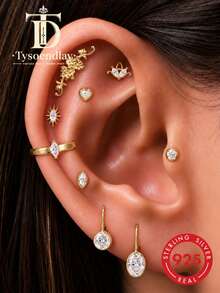 Tysoendlay 1Pc S925 Sterling Silver Geometric Textured Pave Flat Back Stud Earring, Gold Tone, Helix Cartilage Piercing For Women Girls, Daily Gift - Gold - View 2