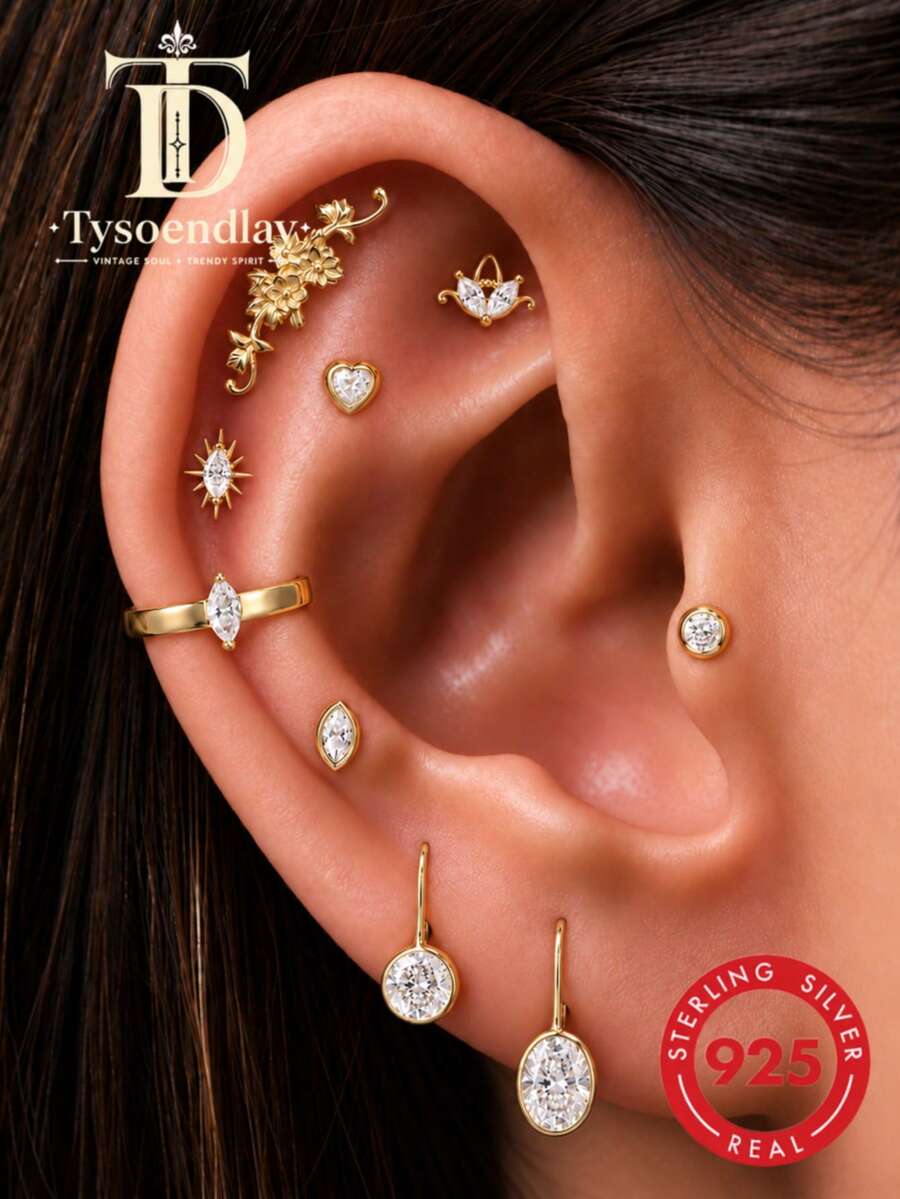 Tysoendlay 1Pc S925 Sterling Silver Geometric Textured Pave Flat Back Stud Earring, Gold Tone, Helix Cartilage Piercing For Women Girls, Daily Gift