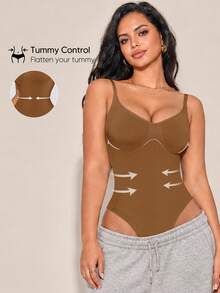 Women's Solid Color Slimming Waist Bodysuit, Suitable For Layering And Underwear - Khaki - View 1