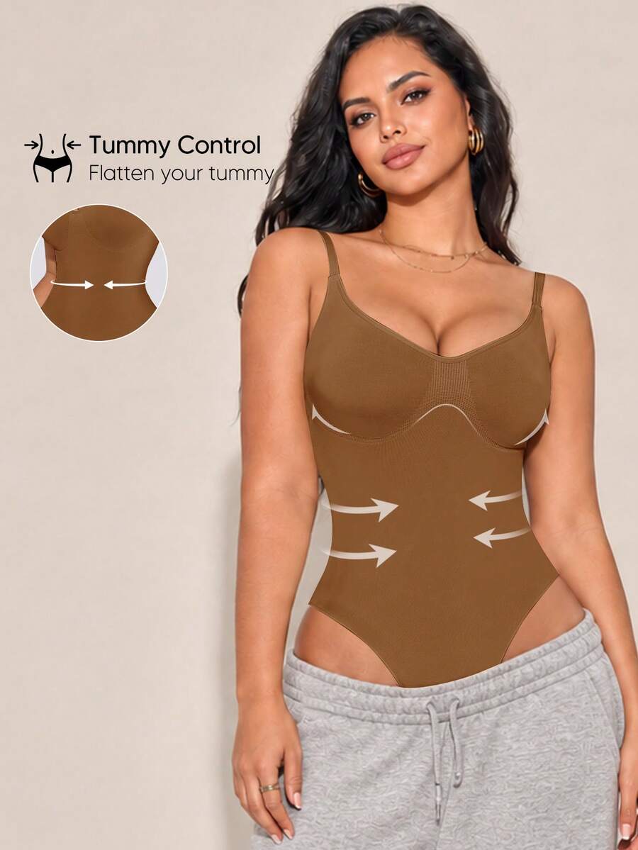 Women's Solid Color Slimming Waist Bodysuit, Suitable For Layering And Underwear - Khaki - View 1