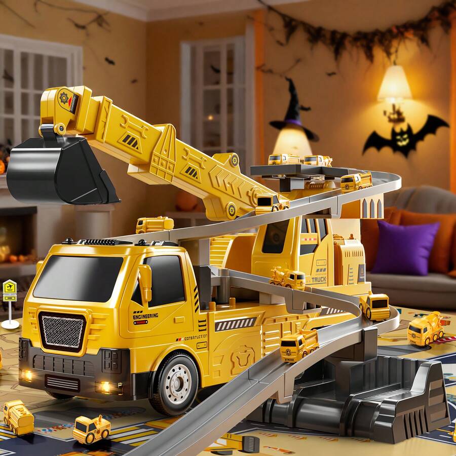 3-In-1 Crane Excavator Toy Track Car Set With Lights And Sound Effects, Construction Truck Toy, Birthday Christmas Easter Gift For Boys