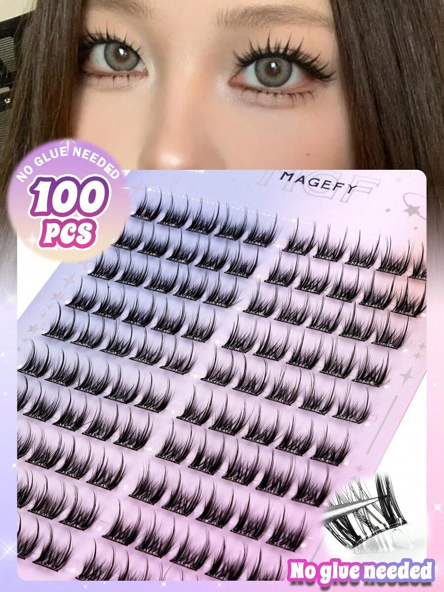 MAANGE 100 Clusters D-Curl Manga Long Self-Adhesive False Eyelashes, Segmented With Built-In Adhesive Tape, Realistic Eyelashes, Suitable For Beginners, Reusable, Daily Wear, With Adhesive Strip, Can Extend Eyelashes, Use As Needed, Convenient And Suitable For European And American Eye Shapes - D - View 1