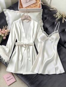 2pcs Women's Satin Comfortable Pajama Set, Adjustable Strap Lace Patchwork Sun Dress Style Nightgown, Sexy Solid Color Sleepwear Set - White - View 2