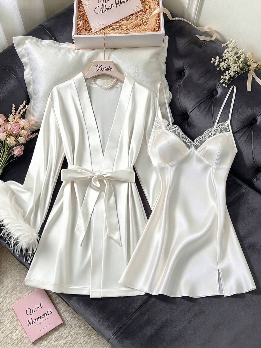 2pcs Women's Satin Comfortable Pajama Set, Adjustable Strap Lace Patchwork Sun Dress Style Nightgown, Sexy Solid Color Sleepwear Set
