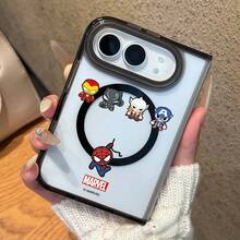 Miniso Marvel Avengers 新款磁吸折疊手機殼，適用 iPhone Duo/18 Duo/18 雙螢幕，卡通鋼鐵人、蜘蛛人、美國隊長透明大孔保護殼，相容 Apple - 黑色 - 查看 5