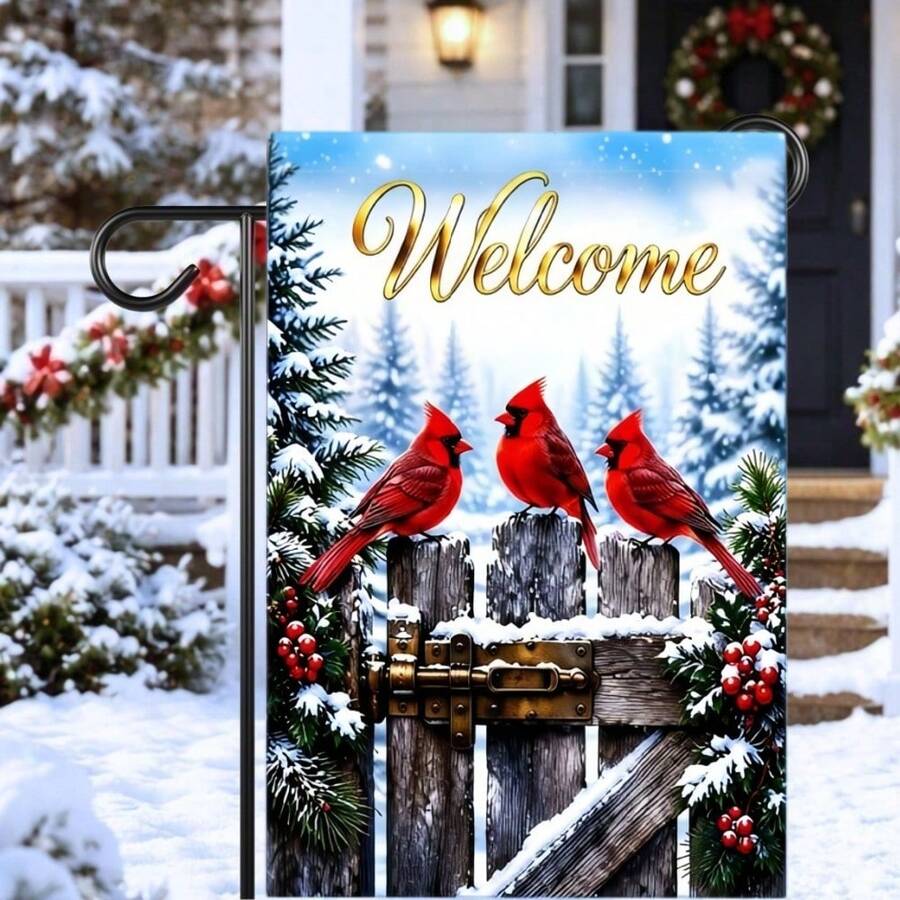 11.8*17.7 Inch 2D Flat Polyester Garden Flag, Single-Sided Printed Decorative Flag, Welcome Cardinal Snowy Pine Branch Red Berry Winter Christmas Theme, Suitable For Garden Porch Balcony Yard, Winter Outdoor Decoration, Warm Courtyard Welcome Hanging Flag, Flag Pole Not Included