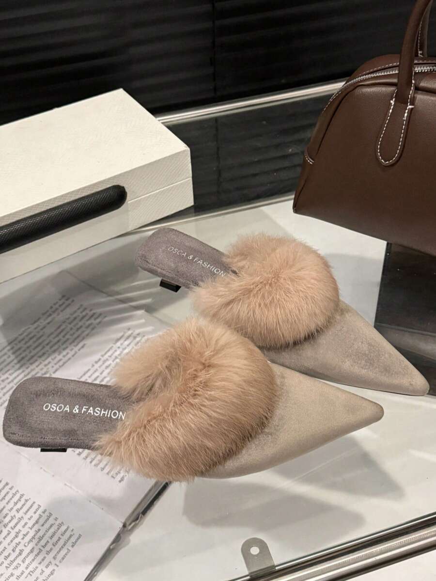 Vintage Plush Pointed Toe Fuzzy Slippers, Plush Closed-Toe Slippers, Autumn/Winter Commute Versatile Slouchy Shoes, Beach Fine Faux Fur - Grey - View 1