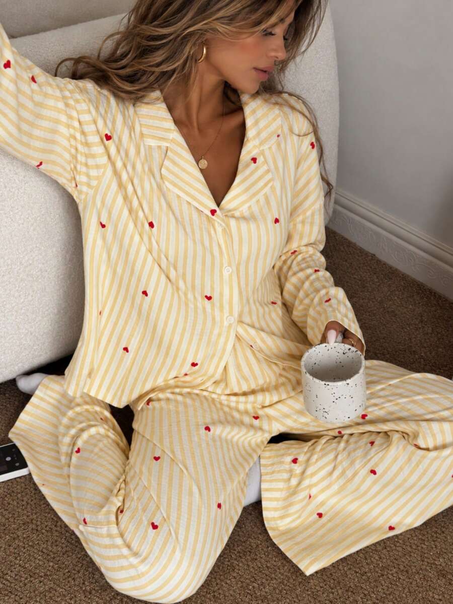 Nina Bonheur 2pcs/Set Women's Semi-Sheer Loose Comfortable Breathable Long Sleeve Top + Pants Cute Pajama Set