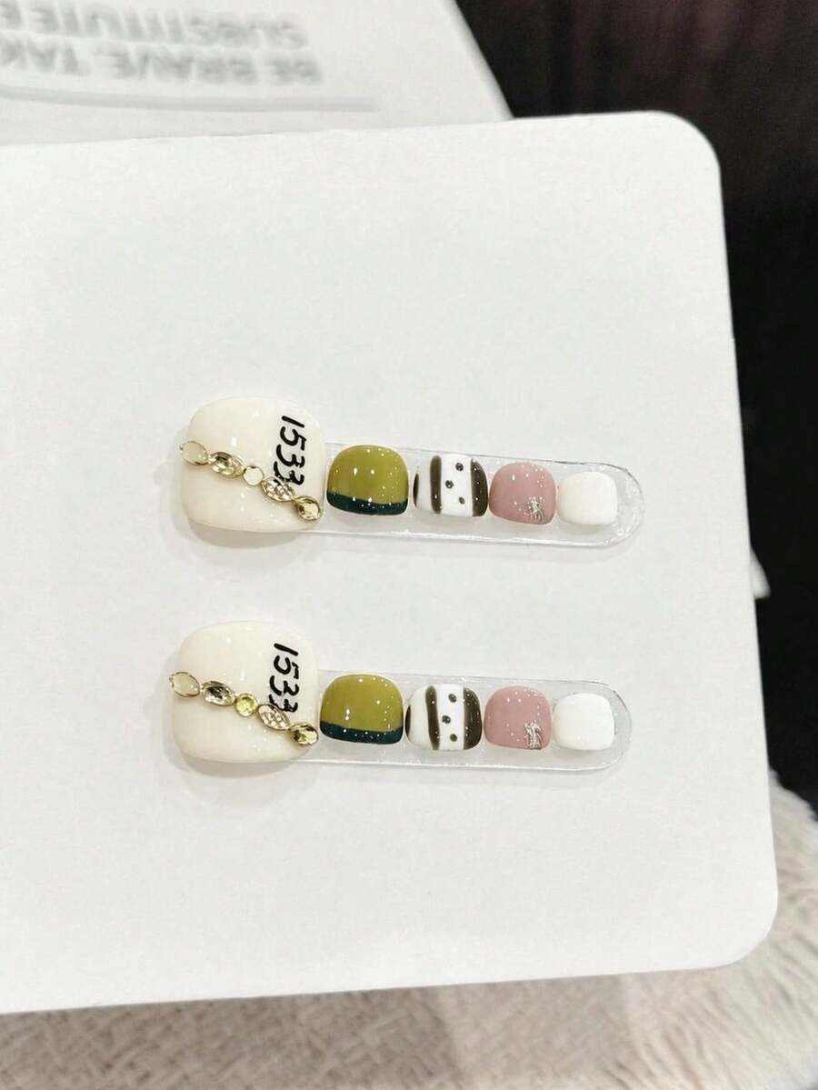 10pcs Handmade Wearable Toenail Stickers, Easy To Wear, Suitable For Girls And Women, Perfect For Holiday Parties, Music Festivals, Valentine's Day, Mother's Day Gifts - Olive Green - View 1