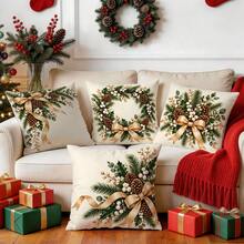 4pcs/1pc Christmas Holly & Pine Cone Pattern Pillow Case, No Insert, Single-Sided Printed Pillow Case, Suitable For Living Room, Bedroom, Home Decor, All Season Pillow Case - Multicolor - View 8