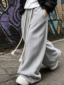 HEYKESON Men's 3D Side Seam Wide Leg Sweatpants, Thick Cable Knit Tassel Drawstring Elastic Waist Loose Casual Long Pants - Light Grey - View 2