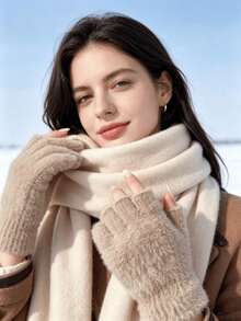 Women Plush Fingerless Gloves Winter Soft Warm Half Finger Mittens Cold Weather - Multicolor - View 1