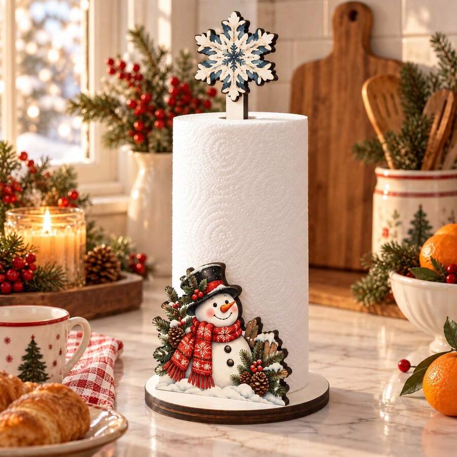 Christmas Snowman Wooden Paper Towel Holder, Holiday Decor, Dining Table Centerpiece, Desktop Roll Paper Storage Ornament