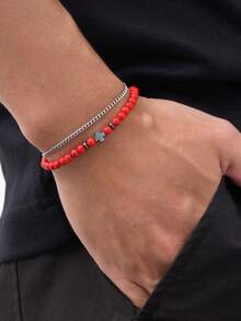 2pcs/Set Vintage Stainless Steel Black Onyx Black Agate Cross Red Turquoise Beaded Bracelet For Men, Christmas Gift Jewelry - Multicolor - View 1