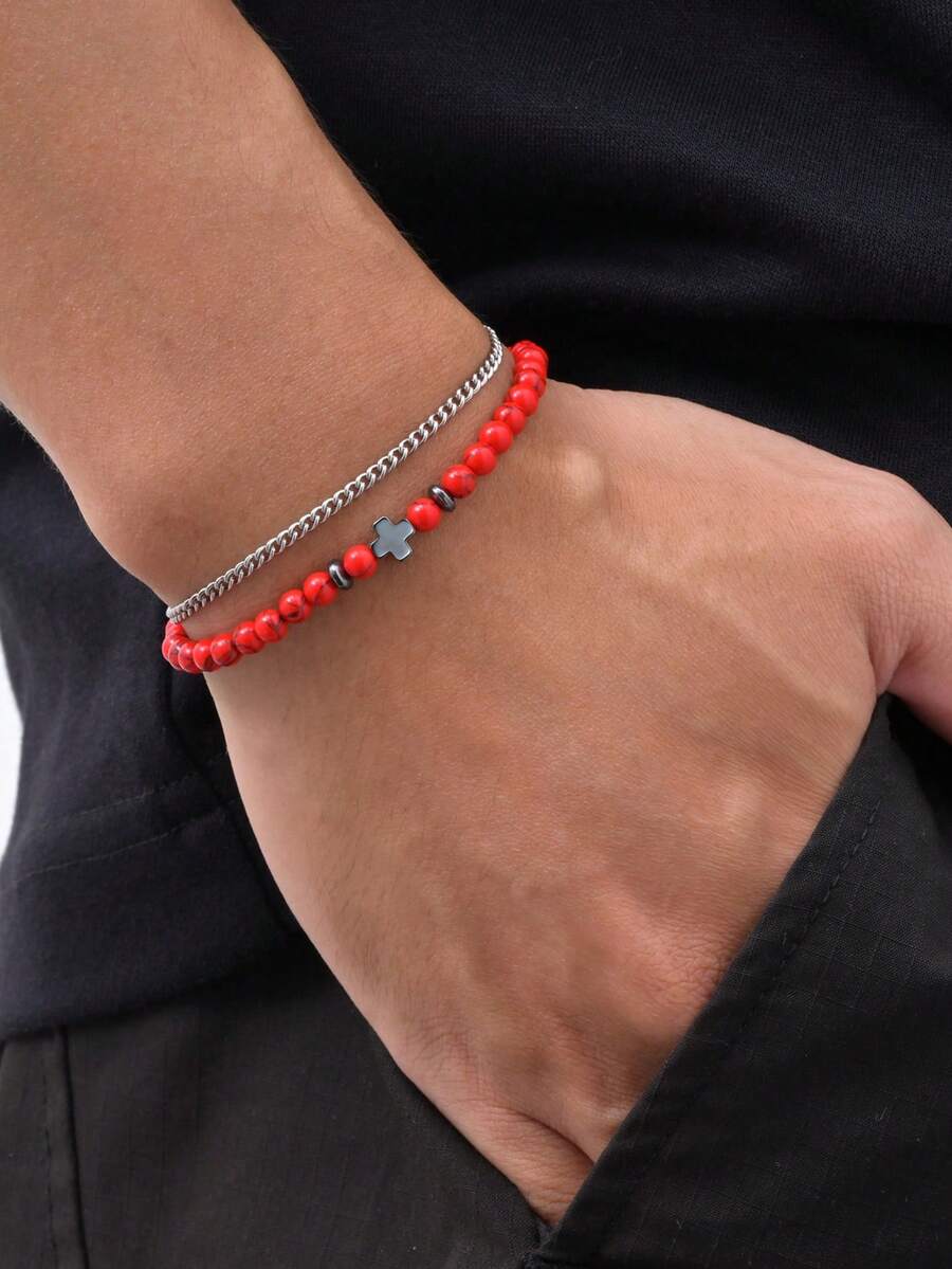 2pcs/Set Vintage Stainless Steel Black Onyx Black Agate Cross Red Turquoise Beaded Bracelet For Men, Christmas Gift Jewelry - Multicolor - View 1