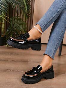 Women's Chunky Heel Loafers With Thick Sole, Chunky Heel Fluted Sole Loafers, Slip-On Round Toe - Black - View 5