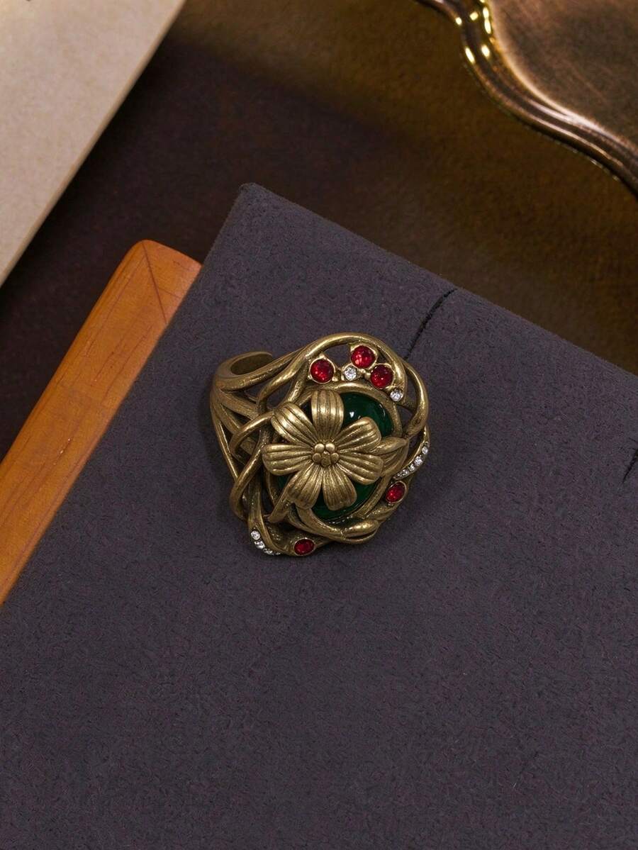 奢華宮廷風不對稱戒指，鑲嵌玻璃水鑽，適合日常配戴、派對及秋冬季節，女士珠寶 - 綠色 - 查看 1