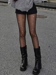 1pc Women's Sparkling Rhinestone Sequin Sheer Tights, Snag-Resistant Pantyhose For Spring, Fall, Party, Date Night & Daily Wear - Black - View 3