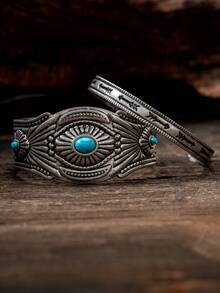 2pcs Western Style Vintage Distressed Silver Bracelet Set, Versatile Personalized Jewelry - Antique Silver - View 2