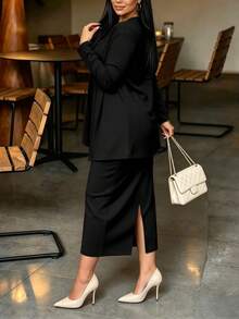 [Elegant Women's Dress Set]Solid Color Minimalist Loose Versatile Women's Cardigan Jacket + Soft Comfortable Inner Layer Round Neck Sleeveless Tank Top + Elegant Skirt, Autumn Women's 3 Pieces Set - Black - View 7