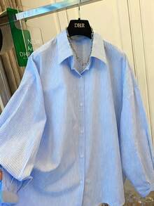 Women's Striped Loose Long Sleeve Shirt, Casual Button-Up Top, Woven Fabric, Plus Size Fashion - Blue and White Stripes - View 4