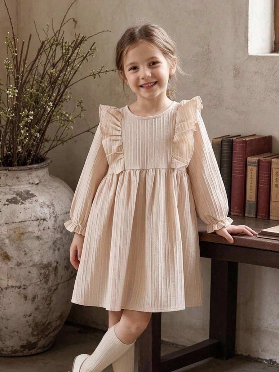 Young Girl's Casual Frill Trim Long Sleeve Dress, Spring Autumn - Khaki - View 1