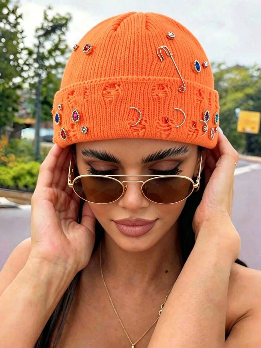 1pc Women's Y2K Colorful Rhinestone Distressed Pin Decor Knitted Hat, Outdoor Thick Warm Brimless Beanie, Suitable For Street Outdoor Punk Hip-Hop - Multicolor - View 1