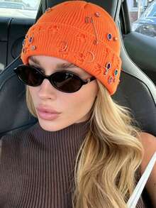 1pc Women's Y2K Colorful Rhinestone Distressed Pin Decor Knitted Hat, Outdoor Thick Warm Brimless Beanie, Suitable For Street Outdoor Punk Hip-Hop - Multicolor - View 2
