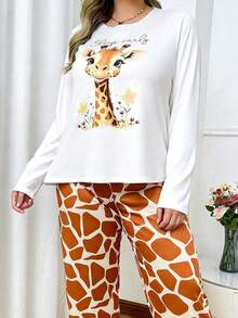Women's Cute Giraffe Pattern Home Set, Plus Size Long Sleeve Giraffe Wide Leg Pants Soft Pajamas, Autumn/Winter Clothing - Multicolor - View 5