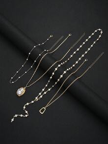 4pcs Fashion Minimalist Punk Geometric Faux Pearl Y-Shaped Chain Layered Necklace For Women, Suitable For Vacation, Date, Party, Ball, Banquet, Holiday, Birthday Gift, Daily Wear - Yellow Gold - View 7