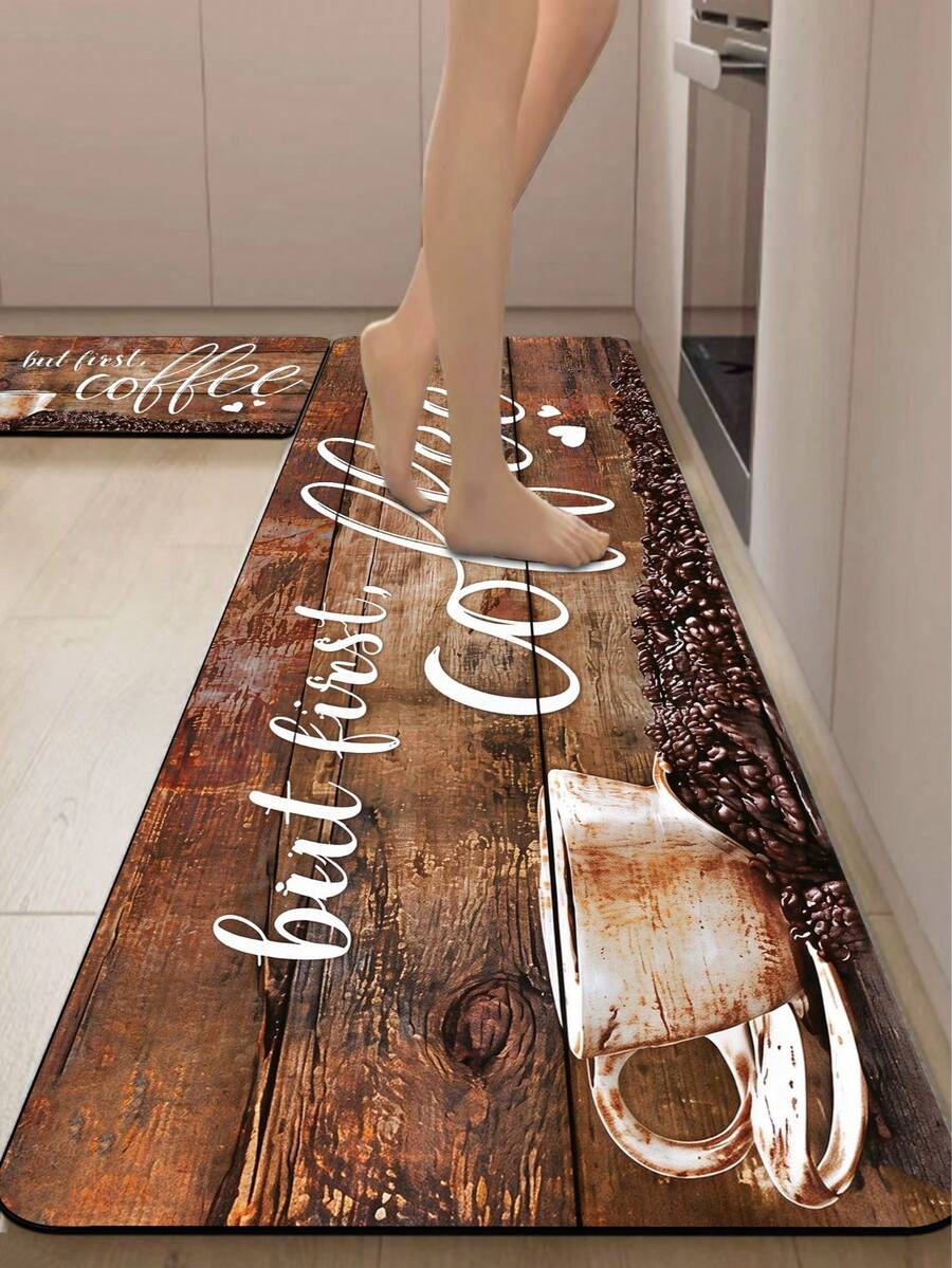 1pc Vintage Wood Grain Coffee Letter Print Diatomaceous Earth Kitchen Mat, Cushioned Anti-Fatigue Absorbent Non-Slip Rug, 3.5mm Trimmable, Suitable For Kitchen, Bathroom, Entryway Home Decor - Multicolor - View 1