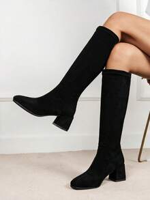 Women's Knee-High Boots, Straight Shaft With Contrast Stitching, Elastic, No Pattern, Square Toe, Side Zipper, Block Mid-Heel, Minimalist Elegant Style, Suitable For Evening Party, Casual Gathering, Commuting, Party, Autumn/Winter - Black - View 2