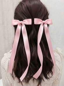 2pcs/1pc Pink Satin Bow Hair Clip With Long Ribbon Tail, Sweet Style Large Silky French Hair Clip For Women, Wedding, Party, Daily Wear Hair Accessory - Pink - View 2