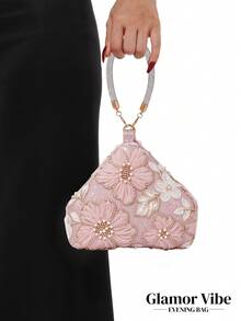 晚宴亮片手拿包，亮片刺繡工藝，3D花卉（隨機圖案），婚禮必需品，情人節禮物，適用於婚禮、度假、畢業季、晚宴及其他正式場合，亦可作為日常穿搭的多功能配件，百搭風格 - 粉色 - 查看 4