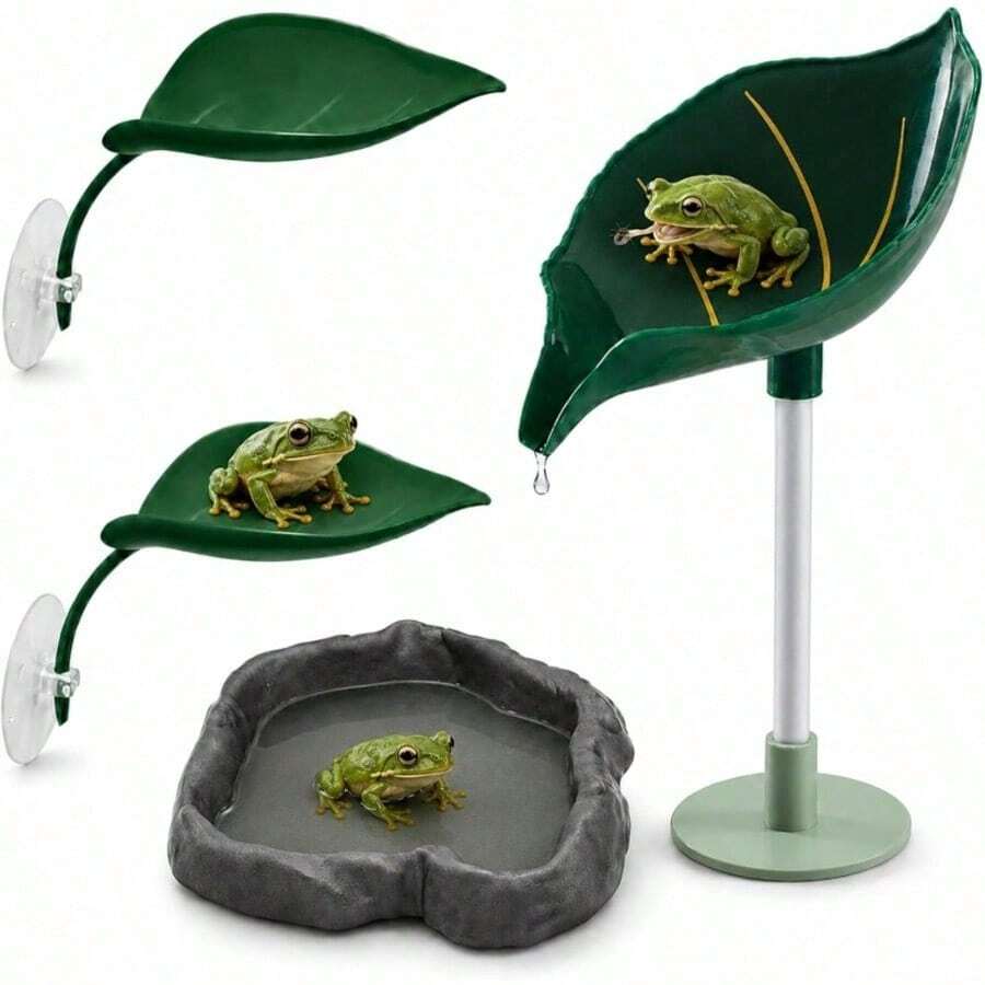 4PCS/Set Reptile Tank Accessories Set, Floor-Standing + Suction Cup Wall-Mounted Leaf Perch, Shallow Water Basin, Raised Resting Platform, Terrarium Decor, Suitable For Tree Frogs, Geckos, Chameleons, Lizards, For Climbing, Resting, Soaking, Rainforest Tank Decoration - View 1