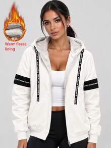 Women's White Hooded Zip-Up Fleece Lined Jacket With Letter Webbing - White - View 3