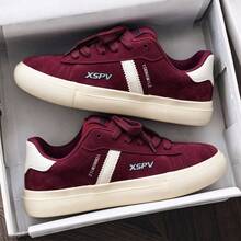 Unisex Lightweight Non-Slip German Training Shoes With Color Block Striped Pattern, Casual Round Toe Low-Top Lace-Up Flat Sneakers, Burgundy Sports Shoes - Hot Pink - View 3