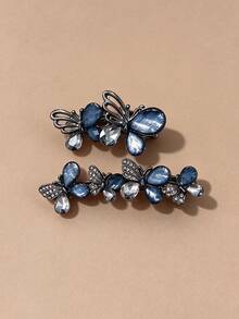 2pcs Women's Vintage Deep Blue Rhinestone Hollow Butterfly Hair Clips, Luxury Sparkling Crystal Duckbill Side Clips - Multicolor - View 4