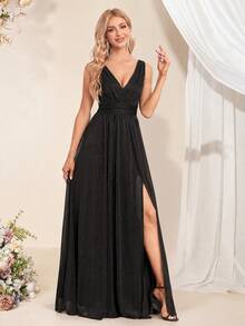 XUCTHHC Elegant V-Neck Sleeveless Tulle A-Line Black Formal Evening Gown, Wedding Guest Dress, Party, Prom, Graduation, Holiday, Autumn Fall - Black - View 9