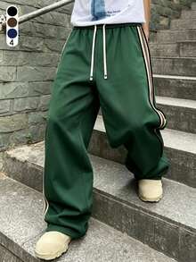 Men's Wide Leg Sweatpants, Street Casual Long Pants, Side Vertical Stripes & Drawstring Waist, Loose Fit, Suitable For Daily Wear & Gatherings, Autumn - Green - View 1