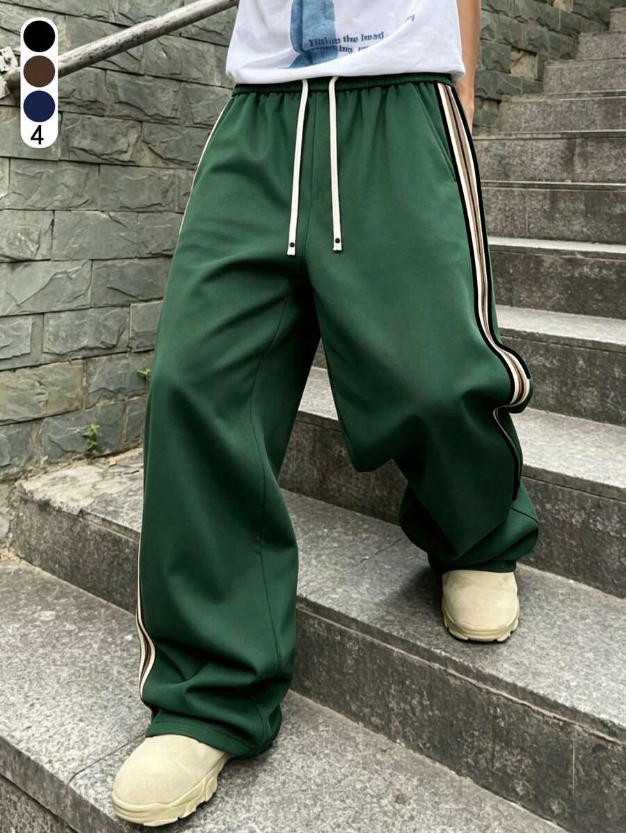 Men's Wide Leg Sweatpants, Street Casual Long Pants, Side Vertical Stripes & Drawstring Waist, Loose Fit, Suitable For Daily Wear & Gatherings, Autumn - Green - View 1