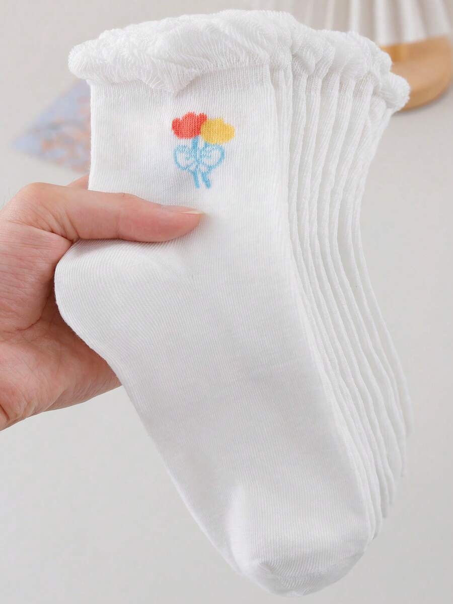 1/4/6/8/12 Pairs Floral Pattern Bubble Cuff Ruffle Comfortable Wide Opening Mid-Calf Socks - Multicolor - View 1